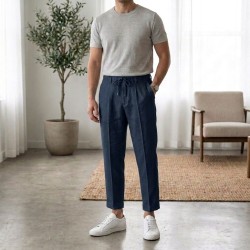 GC LUXURY INVINCIBILE Pantalone Coulisse Uomo Tasca America In Puro Lino Blu