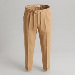 GC LUXURY INVINCIBILE Pantalone Coulisse Uomo Tasca America In Puro Lino Camel