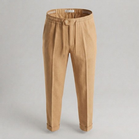 GC LUXURY INVINCIBILE Pantalone Coulisse Uomo Tasca America In Puro Lino Camel