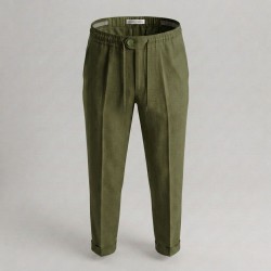 GC LUXURY INVINCIBILE Pantalone Coulisse Uomo Tasca America In Puro Lino Verde Militare