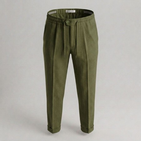 GC LUXURY INVINCIBILE Pantalone Coulisse Uomo Tasca America In Puro Lino Verde Militare