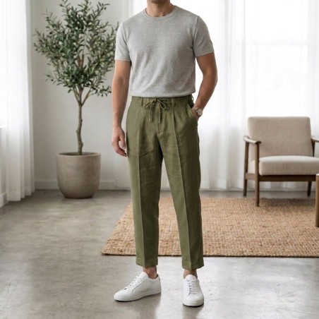 GC LUXURY INVINCIBILE Pantalone Coulisse Uomo Tasca America In Puro Lino Verde Militare