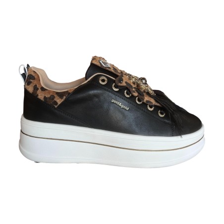 Gold & Gold GB987 Sneakers Donna Stringate Con Accessorio Platform Nero Leopard