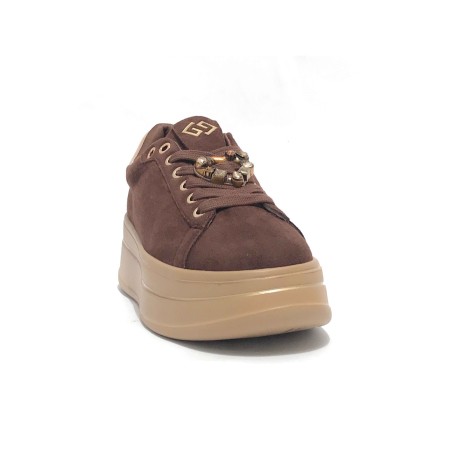 Gold & Gold GB989 Sneakers Donna Stringate Platform Con Accessorio Caffè
