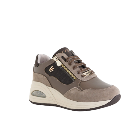 KEYS K-13610 Sneakers Donna Zeppa Con Zip Laterale Stringate Taupe