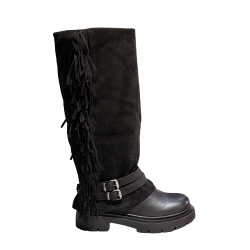 Gold & Gold FH06 Scarpe Donna Stivale con Frange Tacco Basso Nero