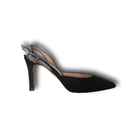 TIQU Officina Vesuviana 7587 Dècolletè Slingback Cinturino Gioiello Tacco 8 Vero Camoscio Nero