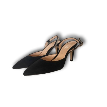 TIQU Officina Vesuviana 7587 Dècolletè Slingback Cinturino Gioiello Tacco 8 Vero Camoscio Nero