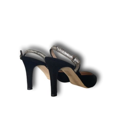 TIQU Officina Vesuviana 7587 Dècolletè Slingback Cinturino Gioiello Tacco 8 Vero Camoscio Nero