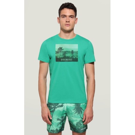 Bikkembergs TROPICAL LANDSCAPE T-Shirt Maniche Corte In Cotone Con Stampa Verde