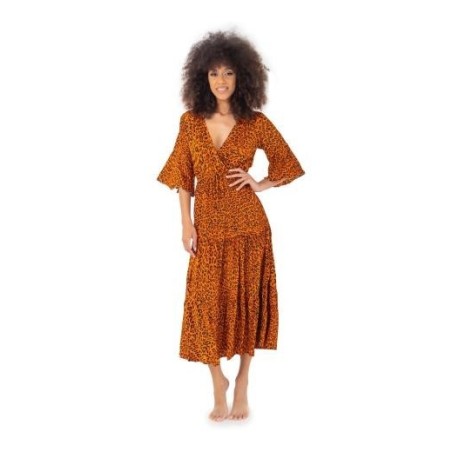 Iconique IC23-127 Maya Abito Lungo Manica Corta Con Elastico In Vita Arancione  